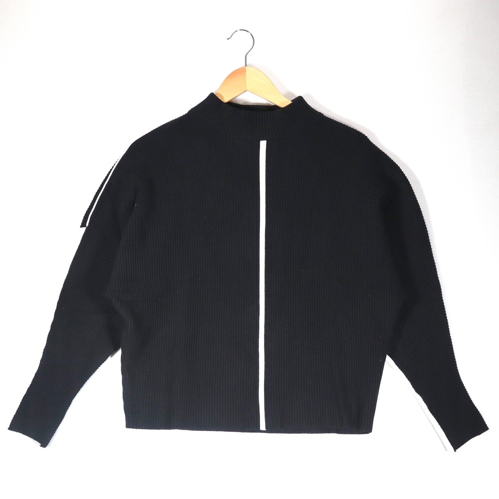 T Tahari Sweater Womens Medium Black White Ribbed Mock Neck Stripe Office Casual